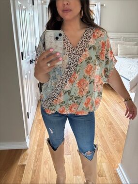 Umgee mixed media floral animal print wrap style top